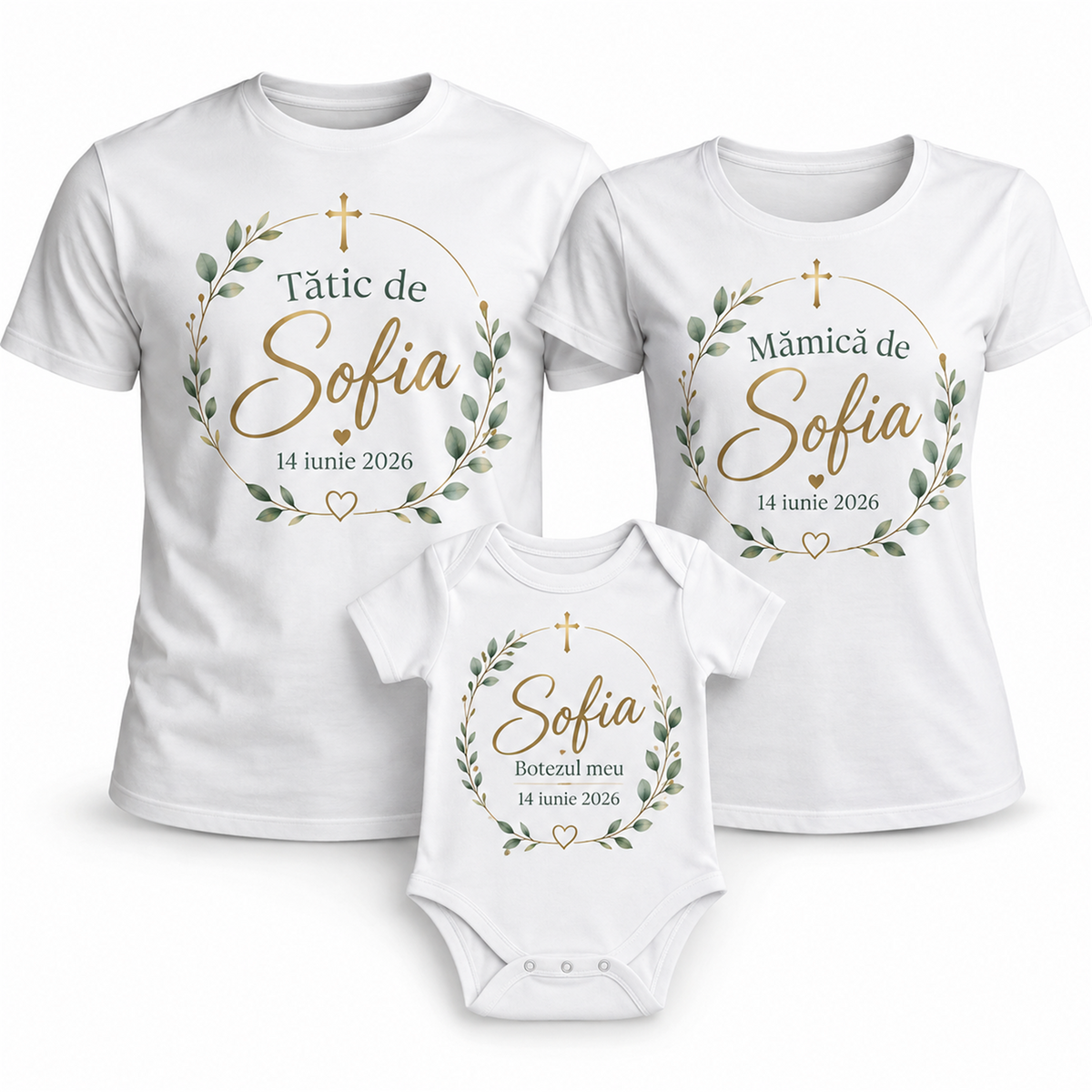 Set familie botez: body bebe și tricouri pentru părinți – exemplu de personalizare