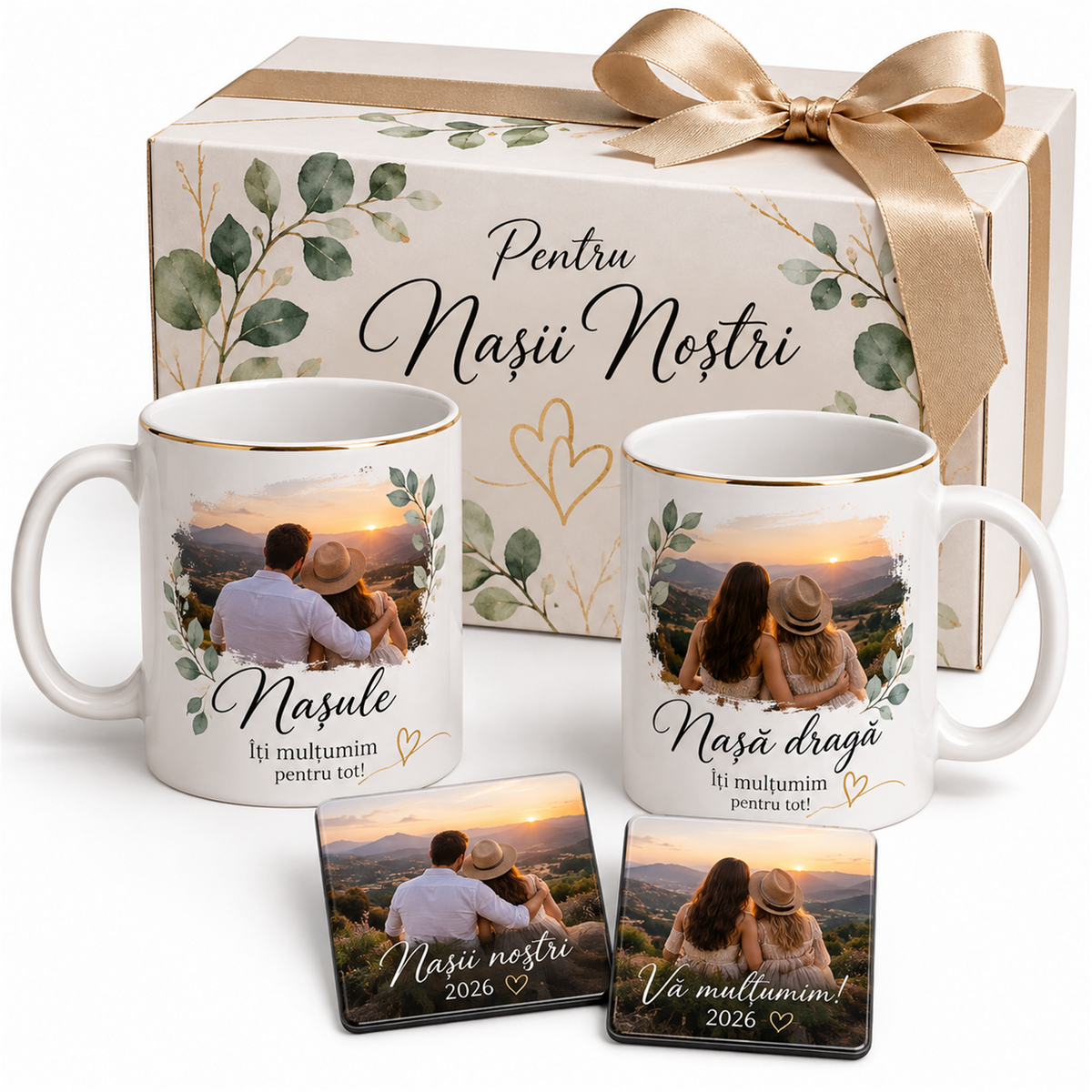 Set nași: 2 căni, 2 magneți și cutie de dar – exemplu de personalizare