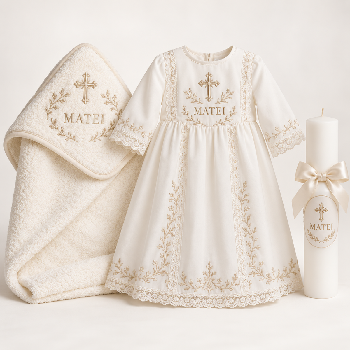 Set trusou botez: prosop, hăinuță și lumânare – exemplu de personalizare