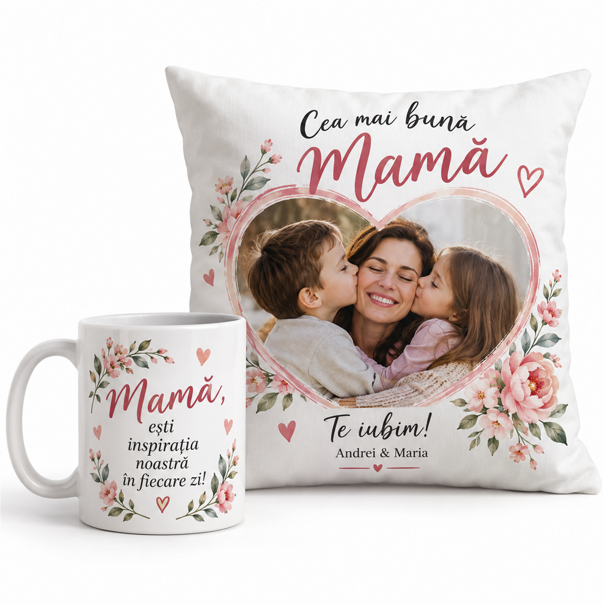 Set Ziua Mamei: cană și pernă personalizate – exemplu de personalizare
