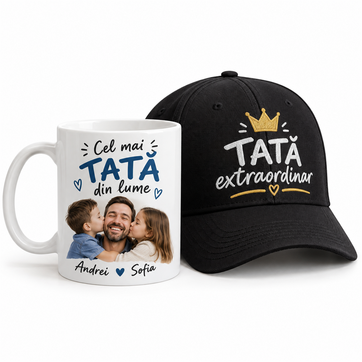 Set Ziua Tatălui: cană și șapcă personalizate – exemplu de personalizare