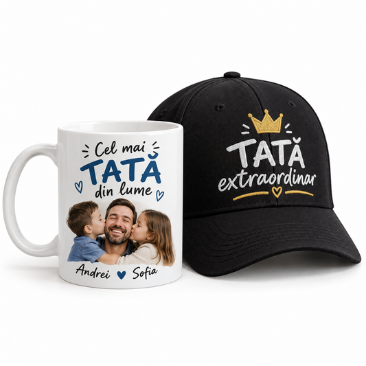 Set Ziua Tatălui: cană și șapcă personalizate – exemplu de personalizare