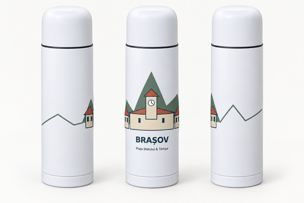 Termos suvenir Brașov și Castelul Bran 500 ml — 3 designuri — Piața Sfatului & Tâmpa