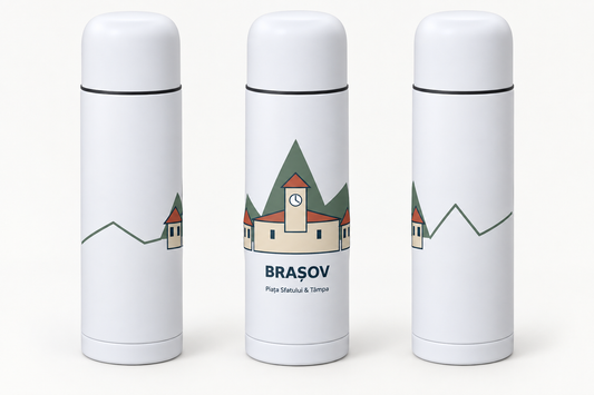 Termos suvenir Brașov și Castelul Bran 500 ml — 3 designuri — Piața Sfatului & Tâmpa