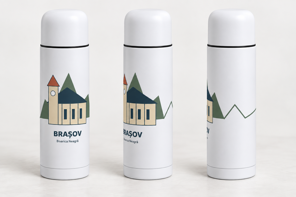 Termos suvenir Brașov și Castelul Bran 500 ml — 3 designuri — Biserica Neagră