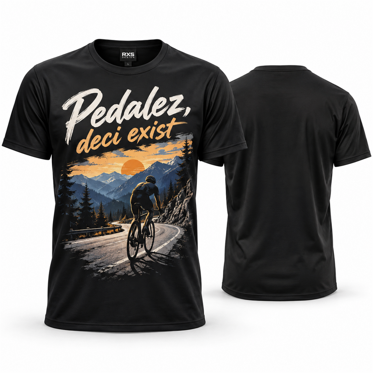 Tricou pentru ciclisti „Pedalez, deci exist” – exemplu de personalizare