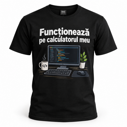 Tricou IT „Funcționează pe calculatorul meu” – exemplu de personalizare