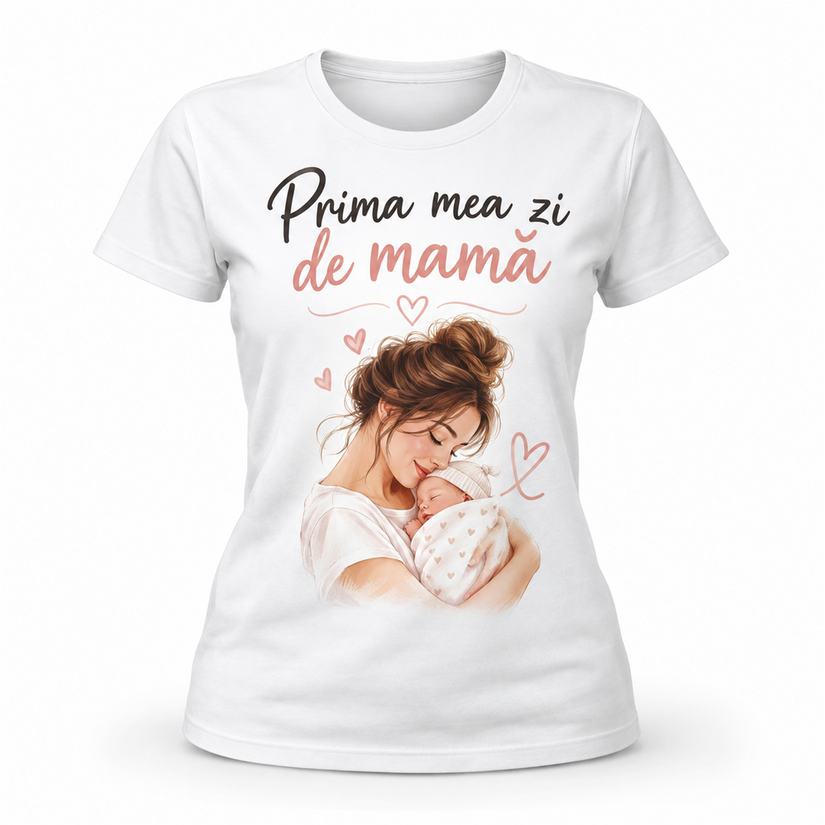 Tricou mămică „Prima mea zi de mamă” – exemplu de personalizare