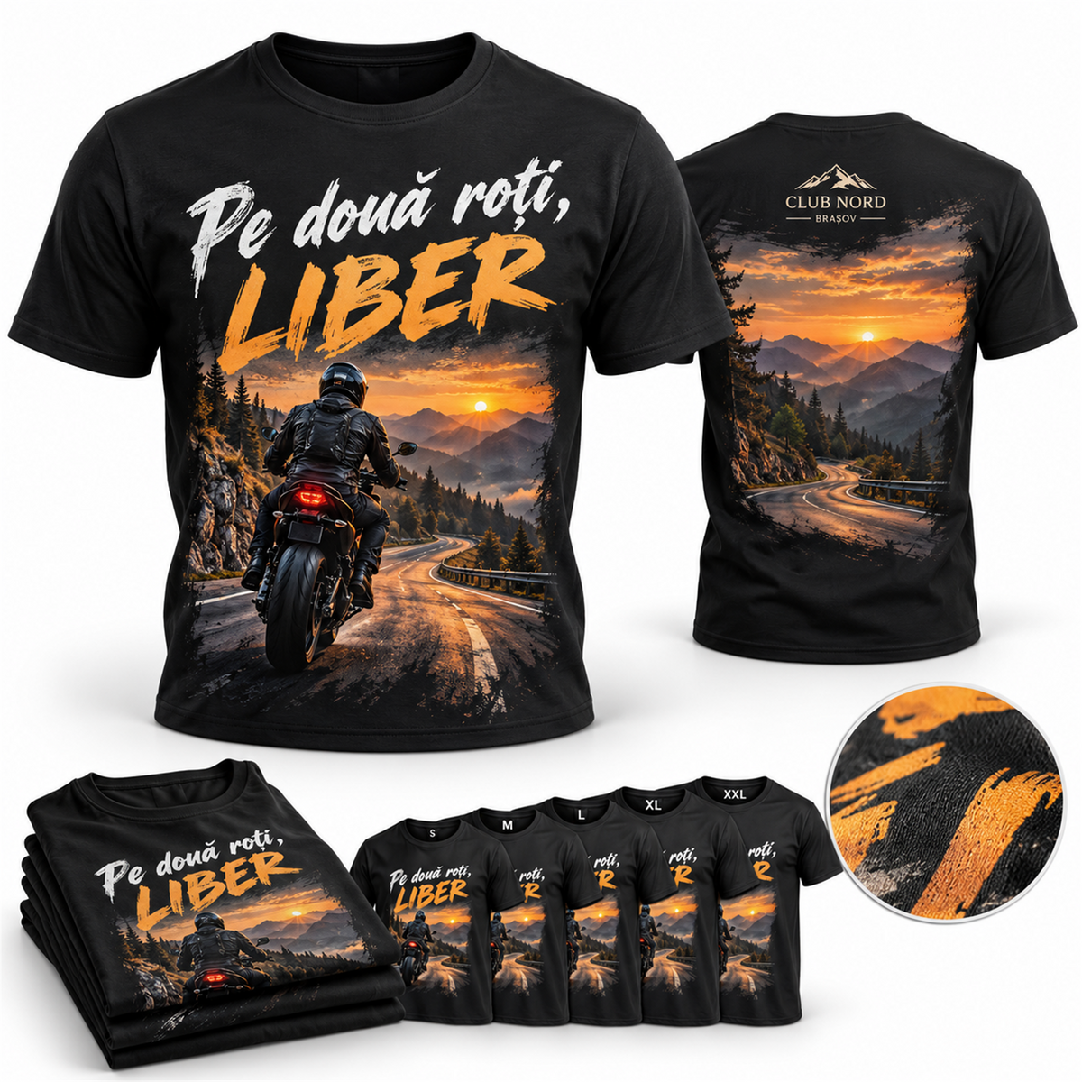 Tricou pentru motocicliști „Pe două roți, liber” – exemplu de personalizare