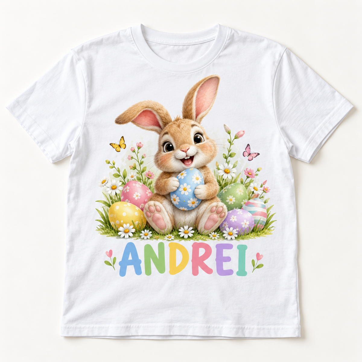 Tricou de Paște personalizat pentru familie – exemplu cu iepuraș și nume