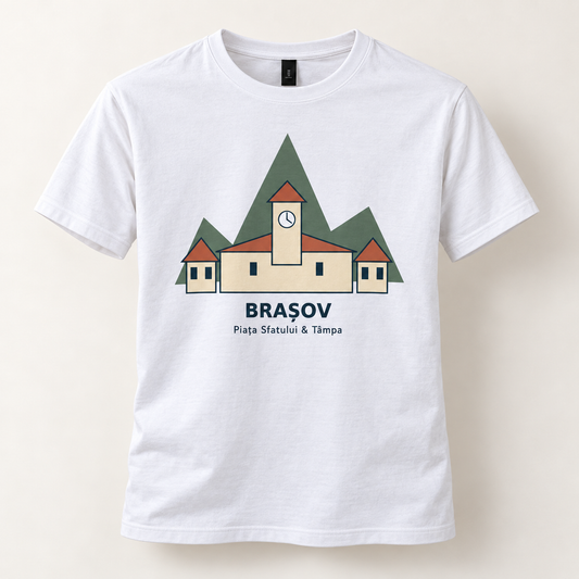 Tricou suvenir Brașov și Castelul Bran — 3 designuri — Piața Sfatului & Tâmpa