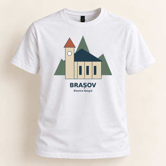 Tricou suvenir Brașov și Castelul Bran — 3 designuri — Biserica Neagră