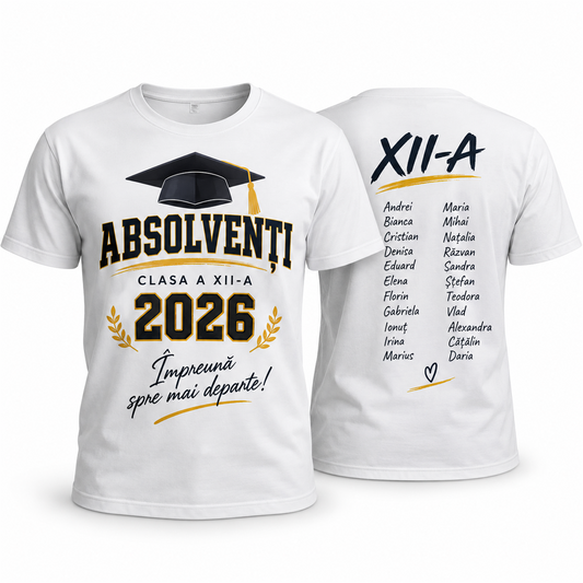 Tricou de promoție personalizat pentru absolvenți – exemplu de personalizare